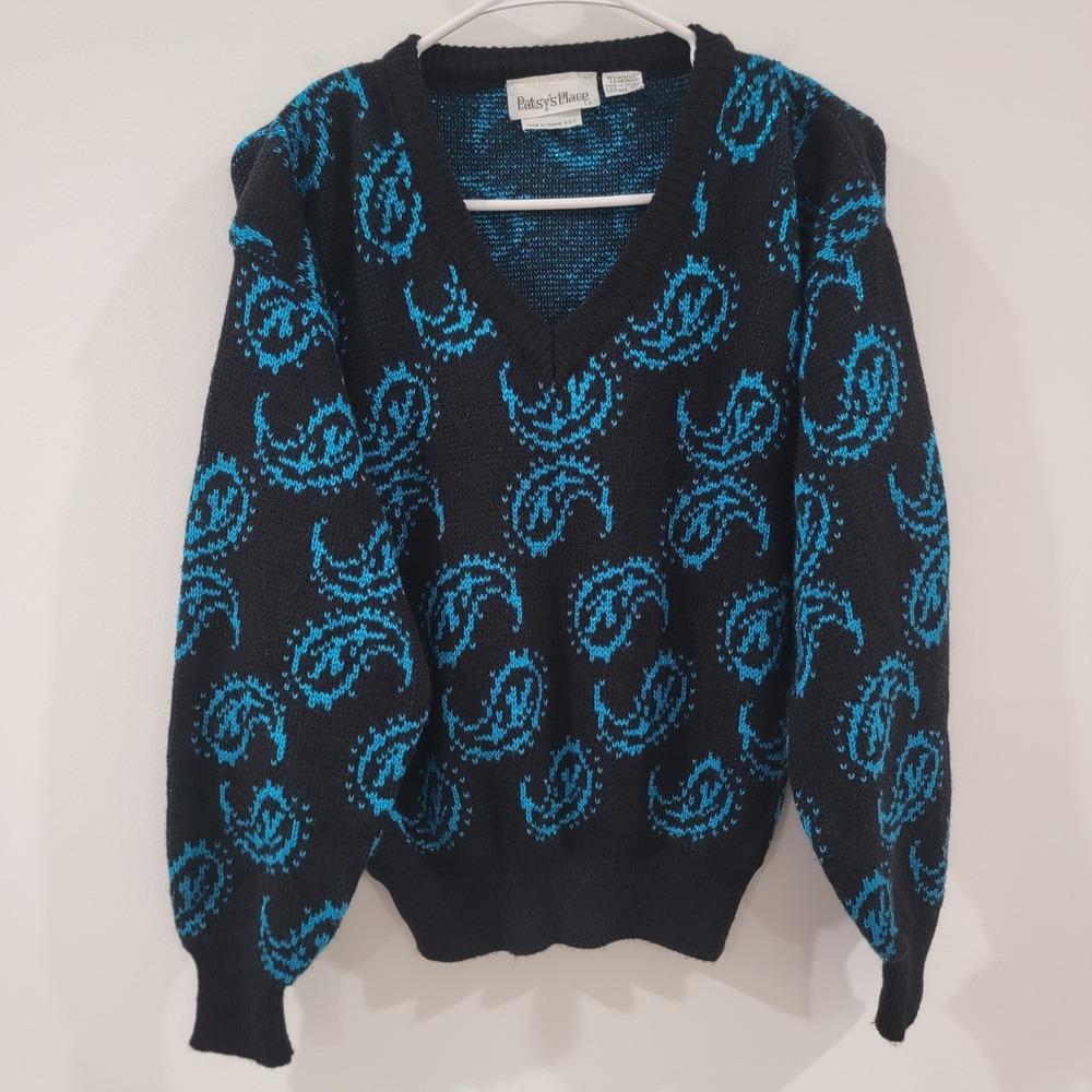 Vintage Womens Sweater Size Medium Paisley Black Blue Metallic 80S 90S Knit
